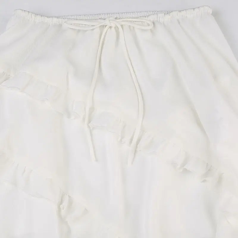 Bohemian White Ruffled Asymmetrical Midi Skirt with Lace-Up | Chuzko.com