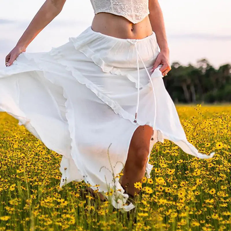 Bohemian White Ruffled Asymmetrical Midi Skirt with Lace-Up | Chuzko.com