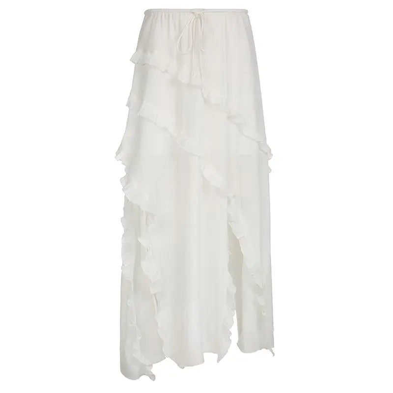 Bohemian White Ruffled Asymmetrical Midi Skirt with Lace-Up | Chuzko.com