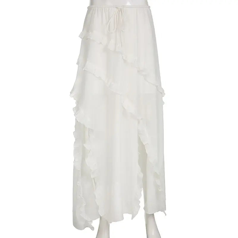 Bohemian White Ruffled Asymmetrical Midi Skirt with Lace-Up | Chuzko.com