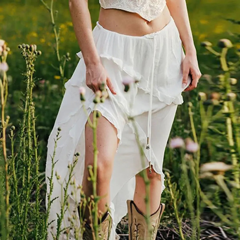 Bohemian White Ruffled Asymmetrical Midi Skirt with Lace-Up | Chuzko.com