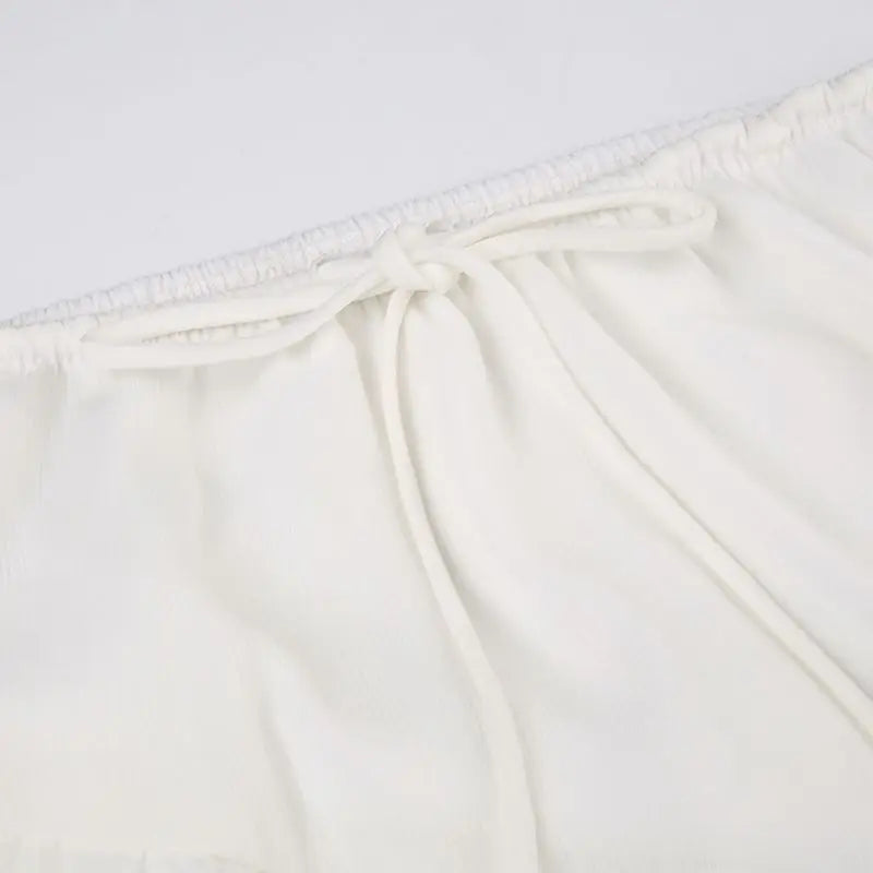 Bohemian White Ruffled Asymmetrical Midi Skirt with Lace-Up | Chuzko.com