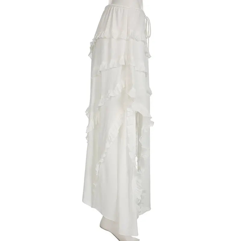 Bohemian White Ruffled Asymmetrical Midi Skirt with Lace-Up | Chuzko.com