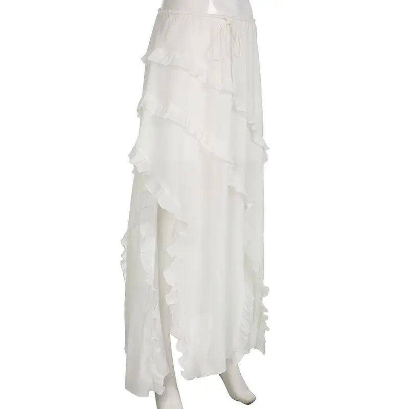 Bohemian White Ruffled Asymmetrical Midi Skirt with Lace-Up | Chuzko.com