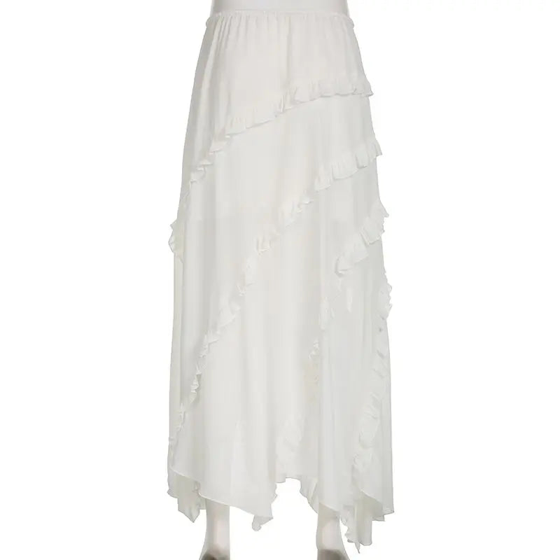 Bohemian White Ruffled Asymmetrical Midi Skirt with Lace-Up | Chuzko.com