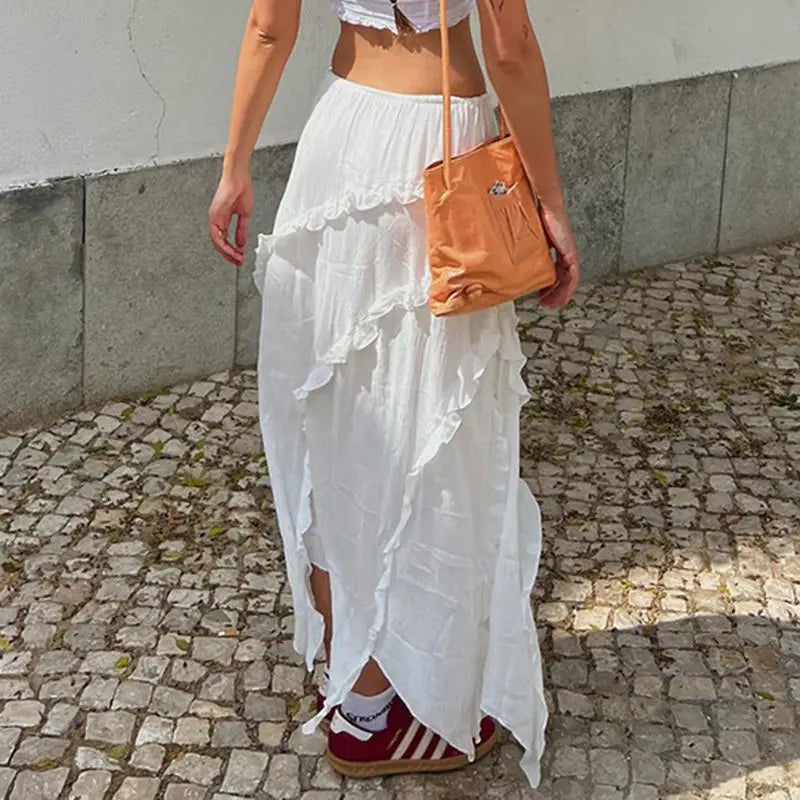 Bohemian White Ruffled Asymmetrical Midi Skirt with Lace-Up | Chuzko.com