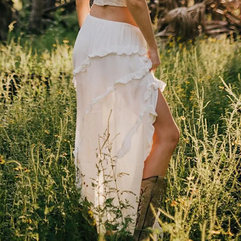 Bohemian White Ruffled Asymmetrical Midi Skirt with Lace-Up | Chuzko.com