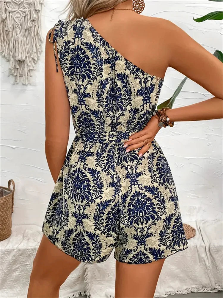 One Shoulder Boho Floral Print Rompers Tie Waist Rompers | Chuzko.com