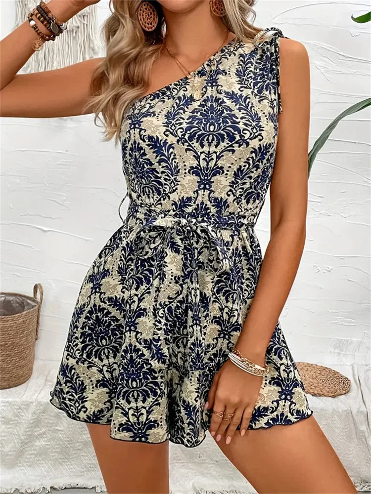 One Shoulder Boho Floral Print Rompers Tie Waist Rompers | Chuzko.com