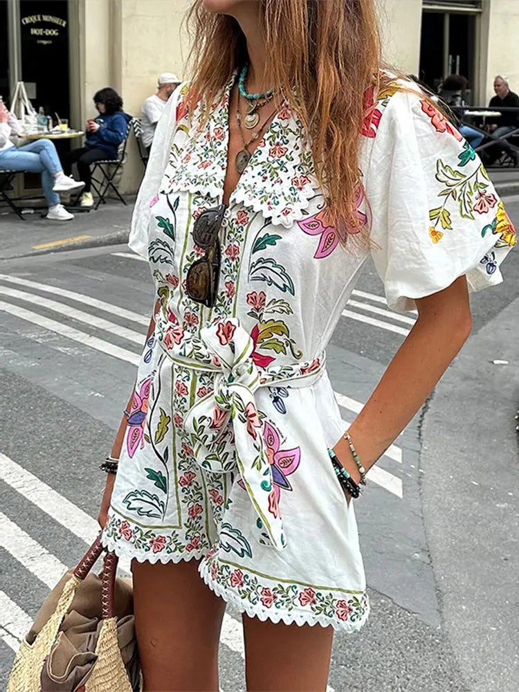 Vibrant Floral Print Lace-up V-neck Puff Short Sleeve Romper	