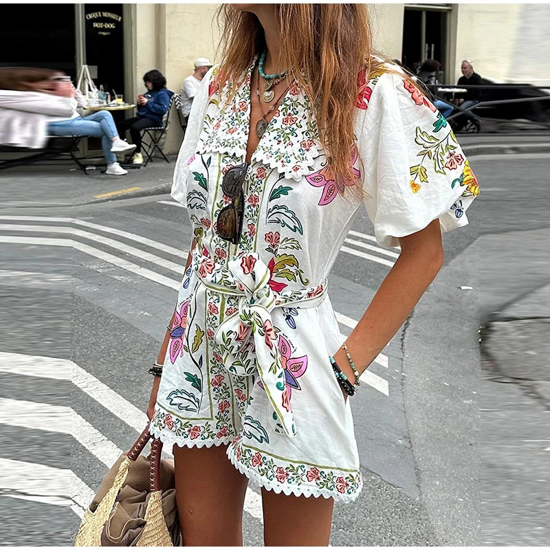 Vibrant Floral Print Lace-up V-neck Puff Short Sleeve Romper | Chuzko.com