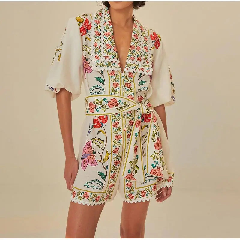 Vibrant Floral Print Lace-up V-neck Puff Short Sleeve Romper | Chuzko.com