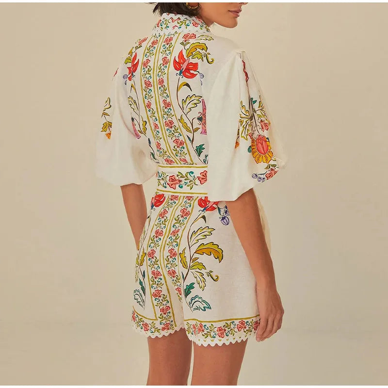 Vibrant Floral Print Lace-up V-neck Puff Short Sleeve Romper | Chuzko.com