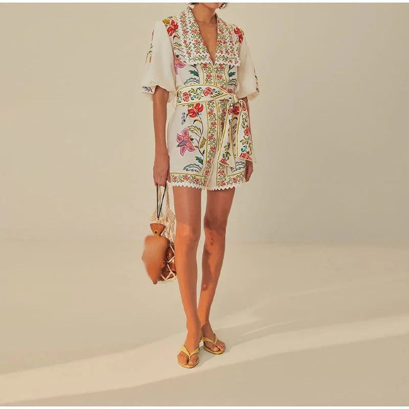 Vibrant Floral Print Lace-up V-neck Puff Short Sleeve Romper | Chuzko.com