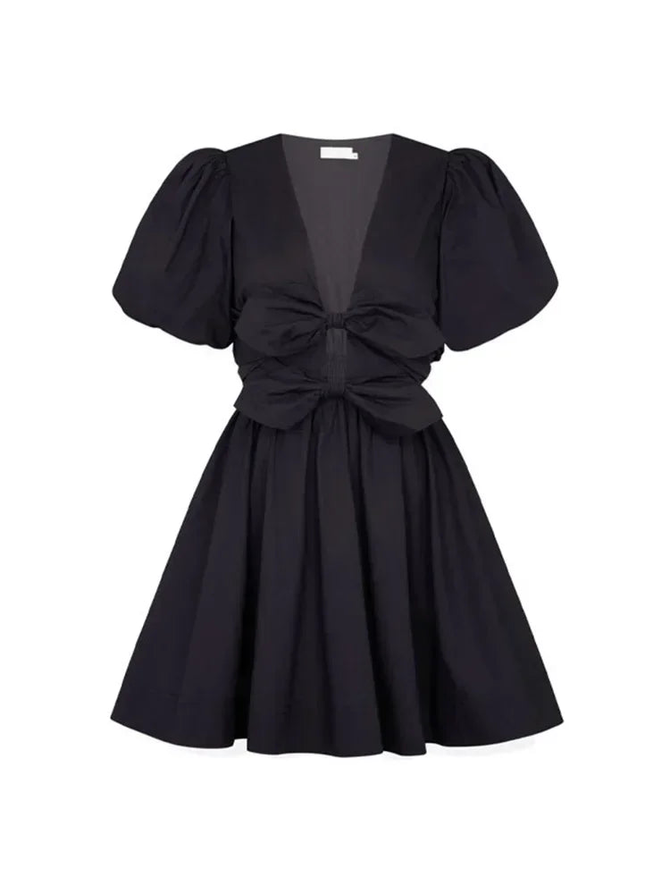 Dual Bow Knot Plunging Neck Pleated Skirts Puff Sleeves Mini | Chuzko.com