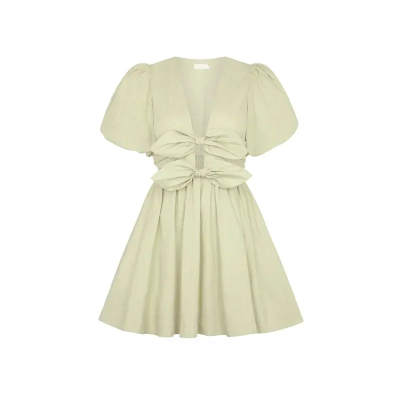 Dual Bow Knot Plunging Neck Pleated Skirts Puff Sleeves Mini | Chuzko.com