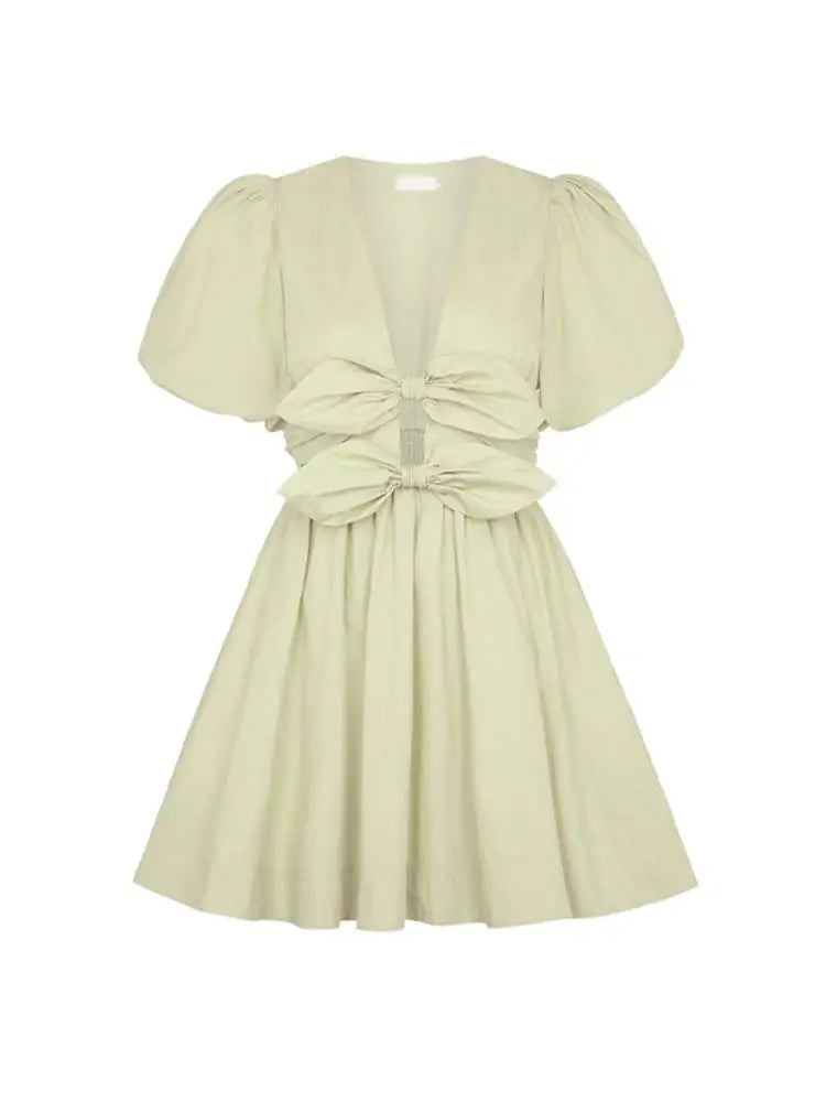 Dual Bow Knot Plunging Neck Pleated Skirts Puff Sleeves Mini | Chuzko.com