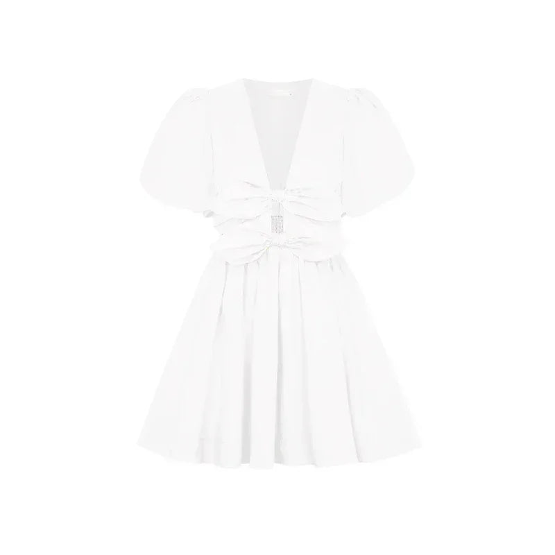 Dual Bow Knot Plunging Neck Pleated Skirts Puff Sleeves Mini | Chuzko.com