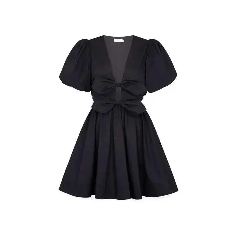 Dual Bow Knot Plunging Neck Pleated Skirts Puff Sleeves Mini | Chuzko.com