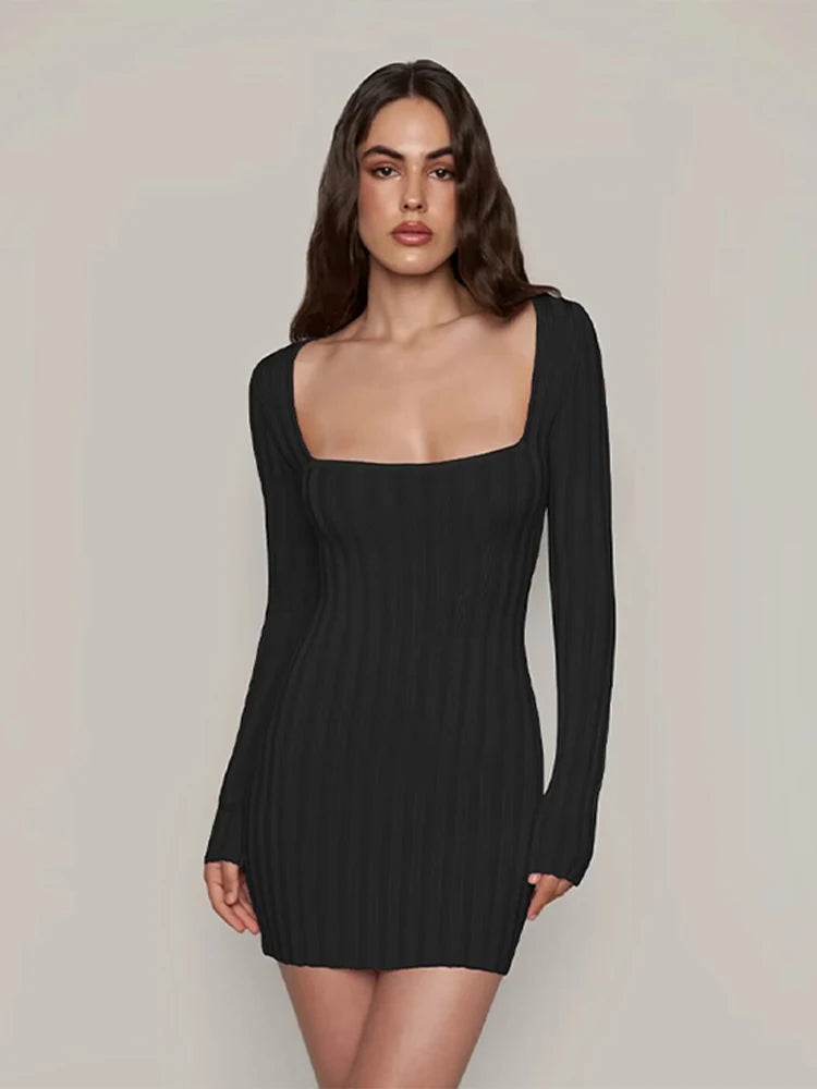 Square Neck Long Sleeve Ribbed Mini Dress – Perfect for Fall & | Chuzko.com