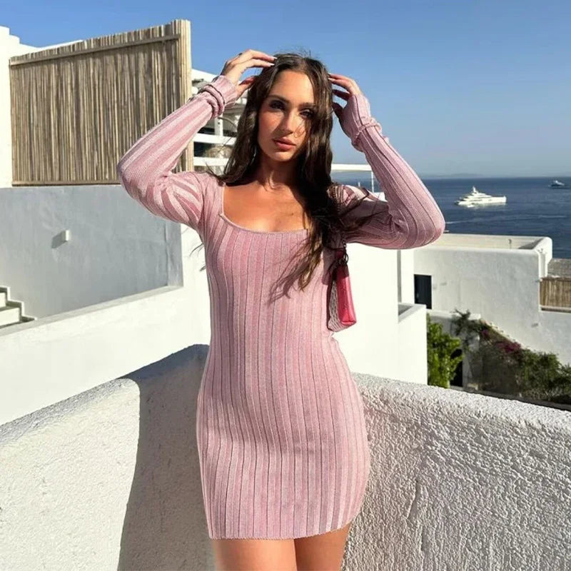 Square Neck Long Sleeve Ribbed Mini Dress – Perfect for Fall & | Chuzko.com