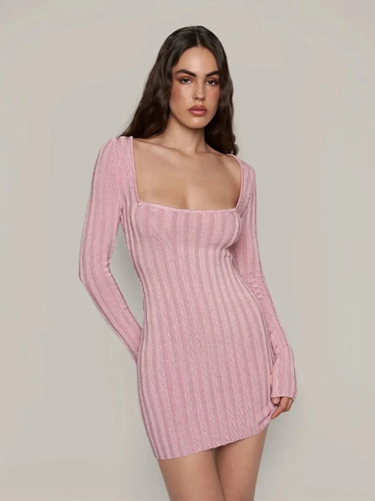 Square Neck Long Sleeve Ribbed Mini Dress – Perfect for Fall & | Chuzko.com