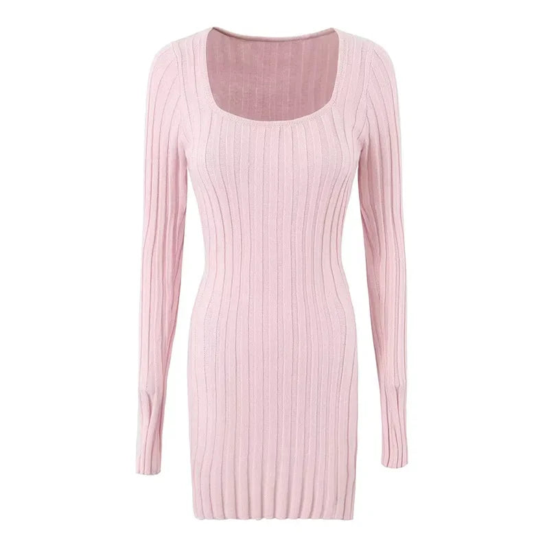 Square Neck Long Sleeve Ribbed Mini Dress – Perfect for Fall & | Chuzko.com