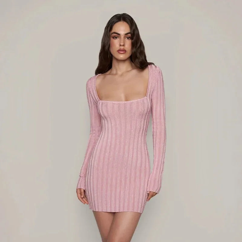 Square Neck Long Sleeve Ribbed Mini Dress – Perfect for Fall & | Chuzko.com