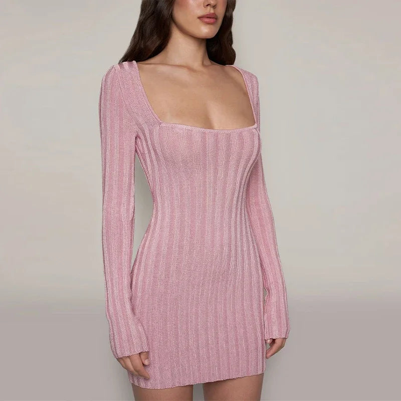 Square Neck Long Sleeve Ribbed Mini Dress – Perfect for Fall & | Chuzko.com