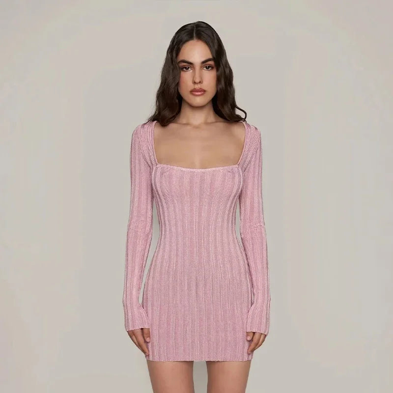 Square Neck Long Sleeve Ribbed Mini Dress – Perfect for Fall & | Chuzko.com