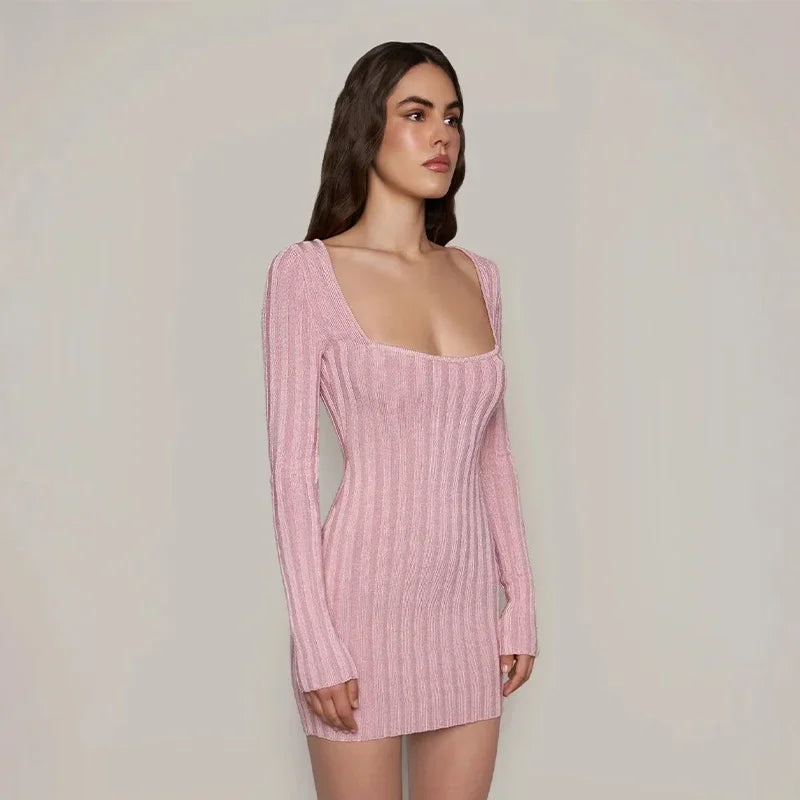 Square Neck Long Sleeve Ribbed Mini Dress – Perfect for Fall & | Chuzko.com