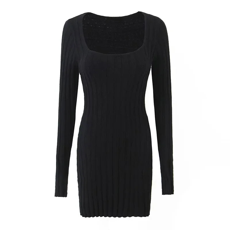 Square Neck Long Sleeve Ribbed Mini Dress – Perfect for Fall & | Chuzko.com