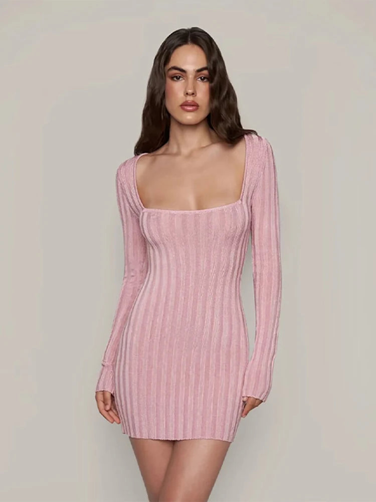 Square Neck Long Sleeve Ribbed Mini Dress – Perfect for Fall & | Chuzko.com