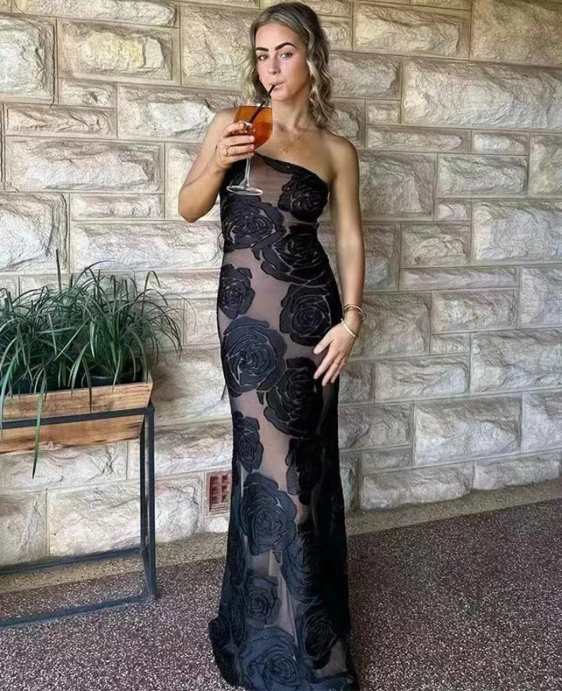 Formal Black Rose Detail Maxi Dress Gala Dresses | Chuzko.com