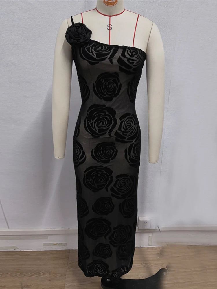 Formal Black Rose Detail Maxi Dress Gala Dresses | Chuzko.com