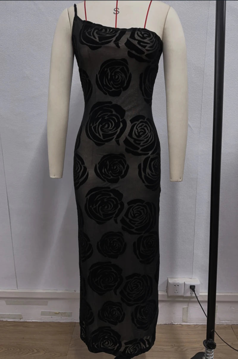 Formal Black Rose Detail Maxi Dress Gala Dresses | Chuzko.com