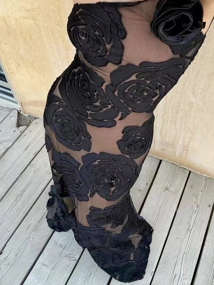 Formal Black Rose Detail Maxi Dress Gala Dresses | Chuzko.com