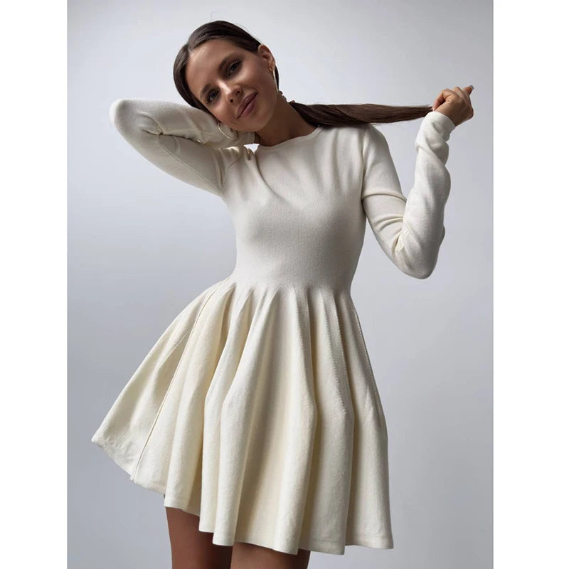 Long Sleeve Flared Skirts Knit Mini Dress Knit Mini Dresses | Chuzko.com