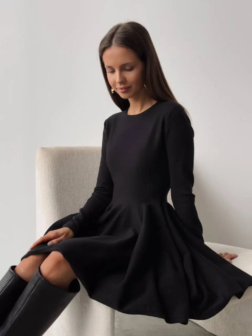 Long Sleeve Flared Skirts Knit Mini Dress Knit Mini Dresses | Chuzko.com