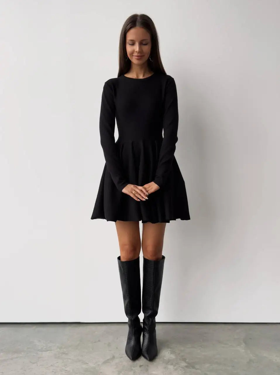 Long Sleeve Flared Skirts Knit Mini Dress Knit Mini Dresses | Chuzko.com