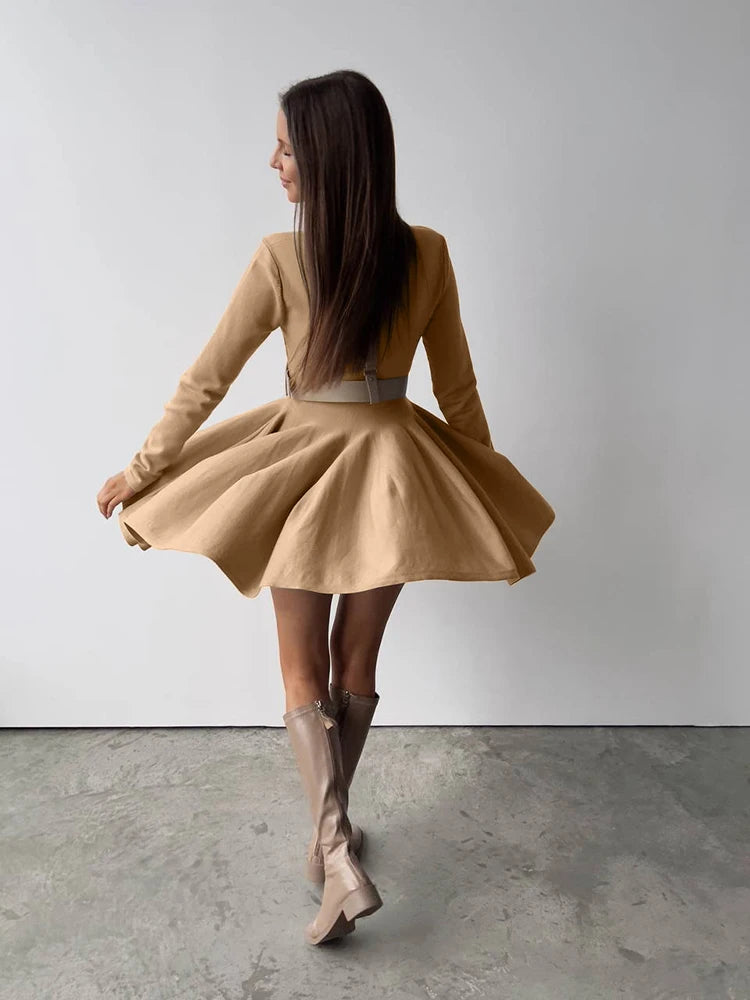 Long Sleeve Flared Skirts Knit Mini Dress Knit Mini Dresses | Chuzko.com