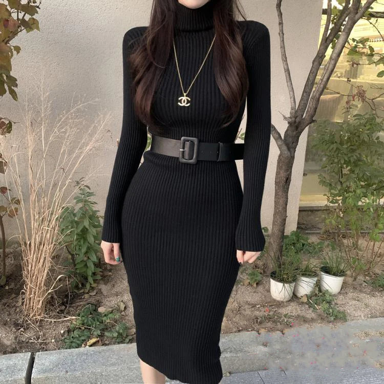 Long Sleeve Turtleneck Ribbed Knit Bodycon Midi Dress + Belt Knit | Chuzko.com