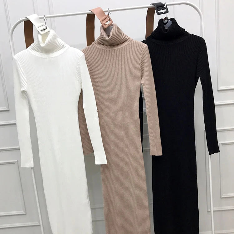 Long Sleeve Turtleneck Ribbed Knit Bodycon Midi Dress + Belt Knit | Chuzko.com