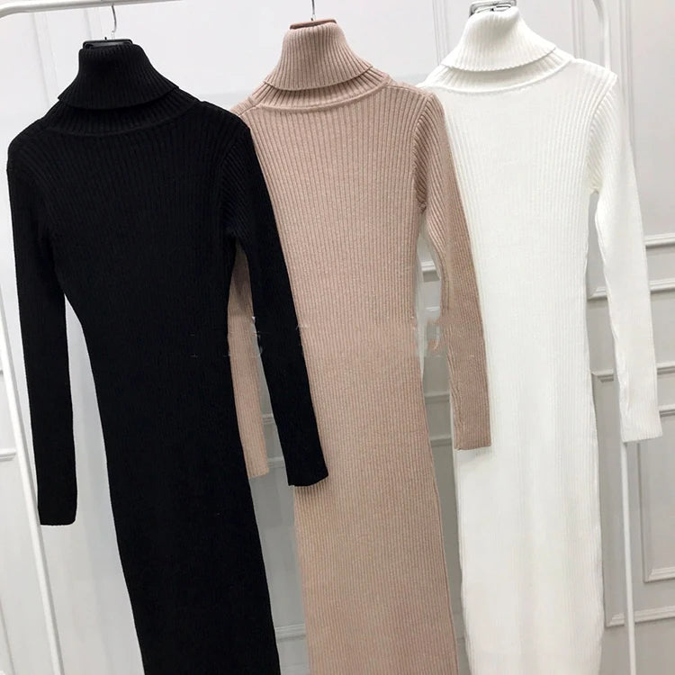 Long Sleeve Turtleneck Ribbed Knit Bodycon Midi Dress + Belt Knit | Chuzko.com