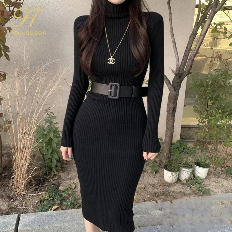 Long Sleeve Turtleneck Ribbed Knit Bodycon Midi Dress + Belt Knit | Chuzko.com