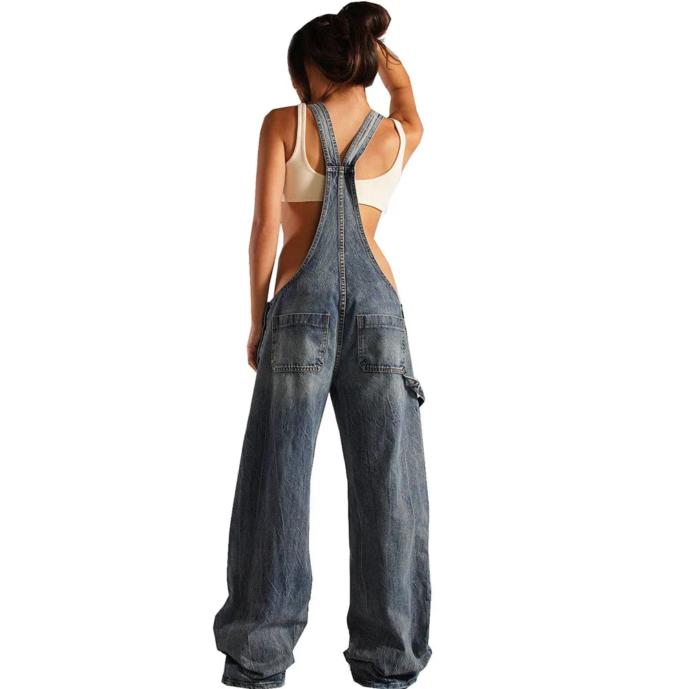 Sleeveless Loose Denim Overalls Wide Leg Denim Overalls | Chuzko.com