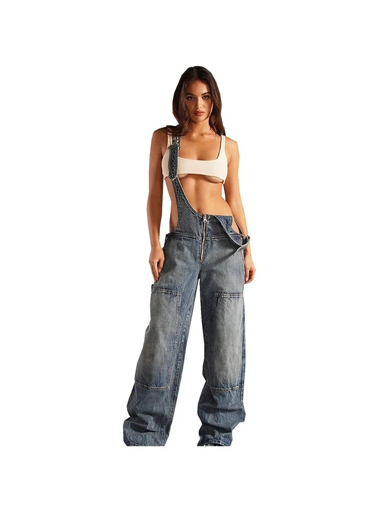 Sleeveless Loose Denim Overalls Wide Leg Denim Overalls | Chuzko.com