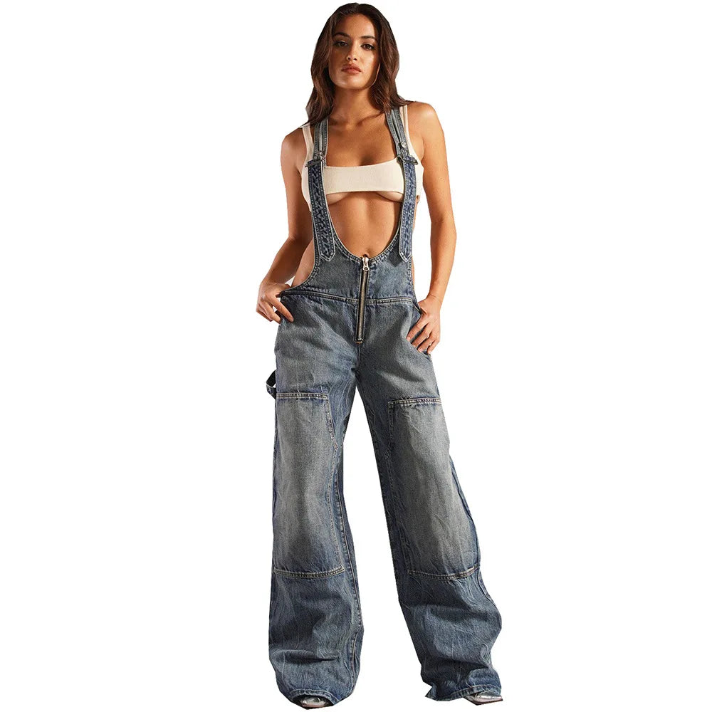 Sleeveless Loose Denim Overalls Wide Leg Denim Overalls | Chuzko.com