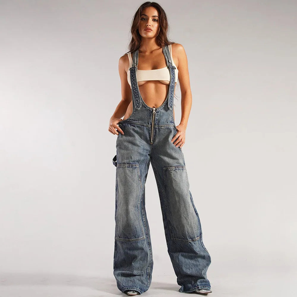 Sleeveless Loose Denim Overalls Wide Leg Denim Overalls | Chuzko.com