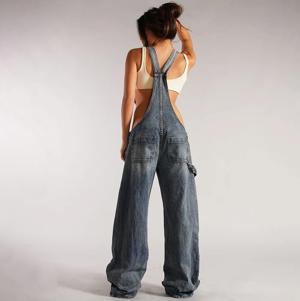 Sleeveless Loose Denim Overalls Wide Leg Denim Overalls | Chuzko.com